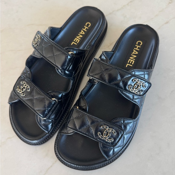 CHANEL Black Quilted Slides with Logo Accents - Picture 1 of 6